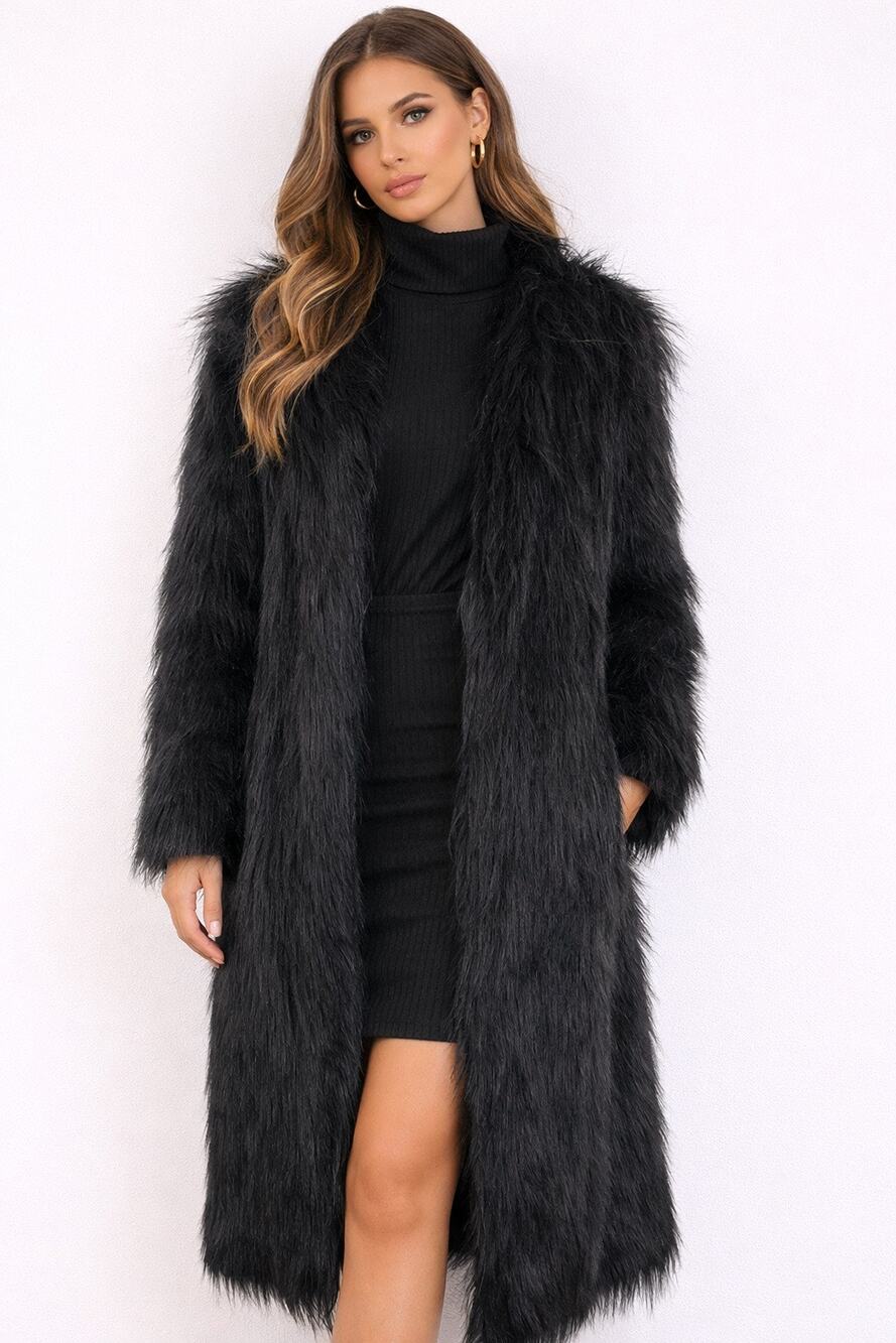 AIXIRUI ELEGANT FAUX FUR BLACK LONG LENGTH COLLARLESS COAT. SIZE M